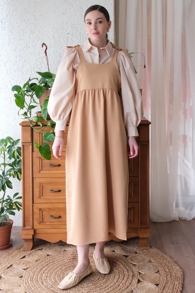 Karamel Kolu Bağlamalı Jile & Krem Klasik Yaka Crop Gömlek Takım    TB414