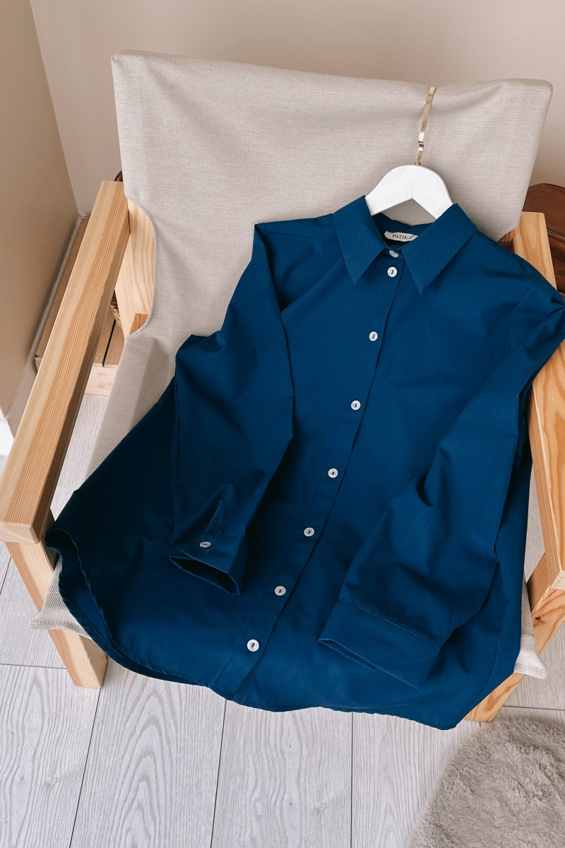 Beyaz Düğmeli Uzun Saks Mavisi Tunik TB249