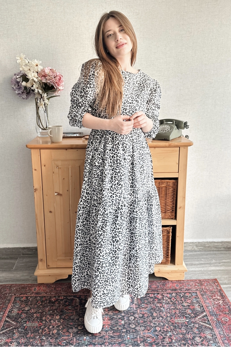 Leopar Desen Kuşaklı Siyah Elbise TB267