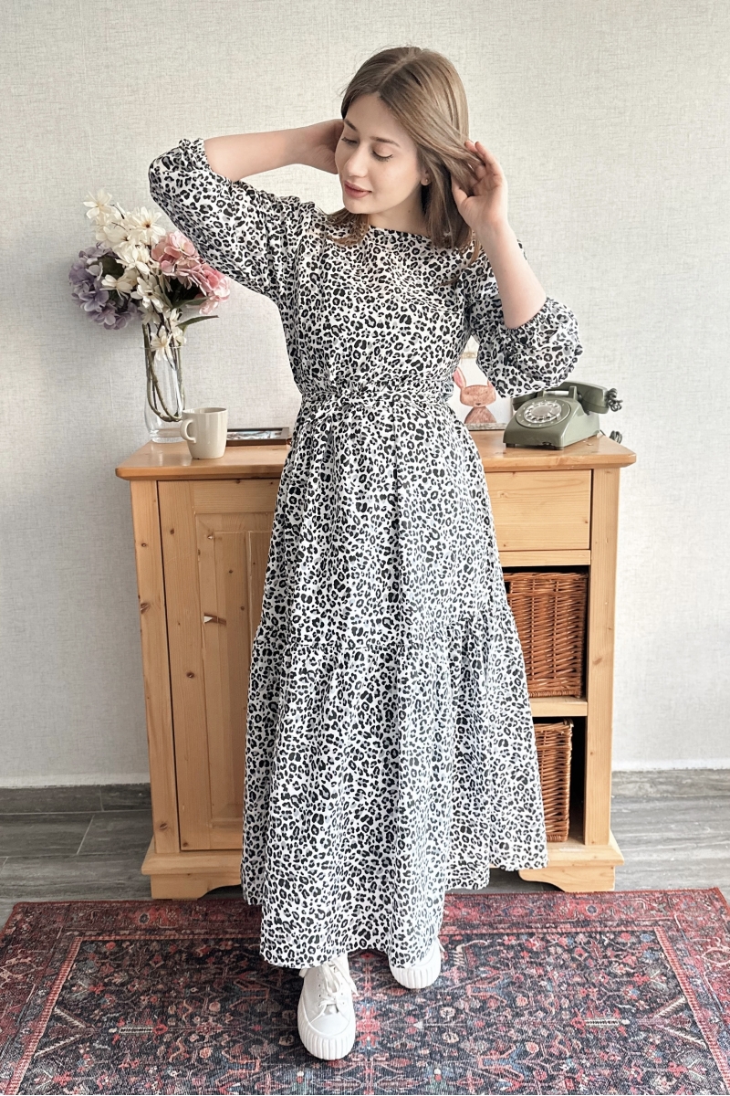 Leopar Desen Kuşaklı Siyah Elbise TB267