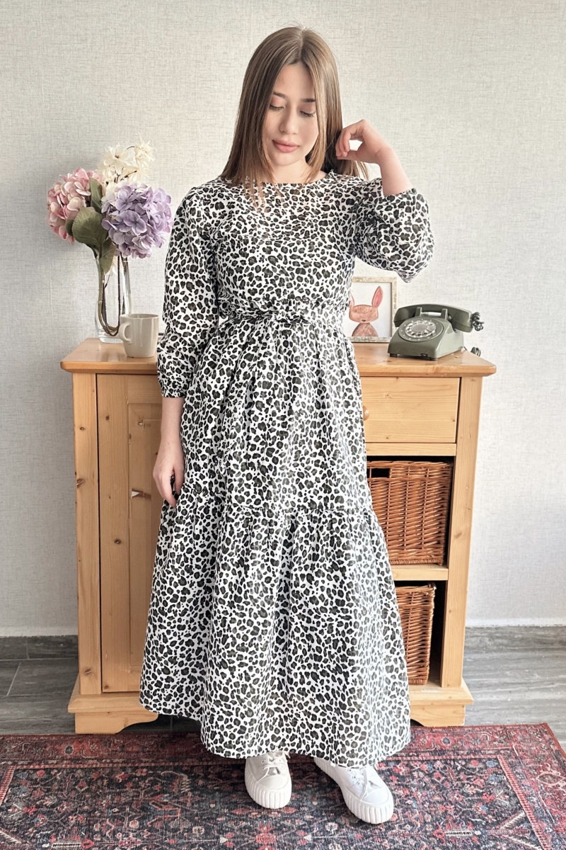 Leopar Desen Kuşaklı Haki Elbise TB267