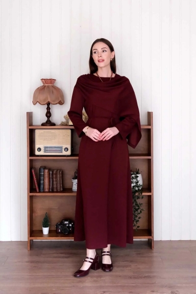 Bordo Oysho Şal Yaka Elbise TB430