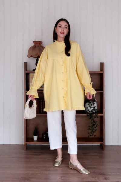 Sarı Kolu Büzgülü Gömlek & Krem Boru Paça Pantolon Takım  TB406