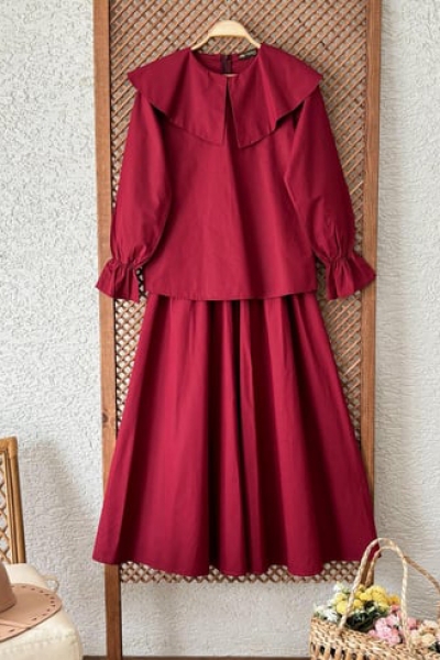 Bordo Büyük Yakalı Poplin Bluz Ve Büzgülü Kloş Etek Takımı TB13180