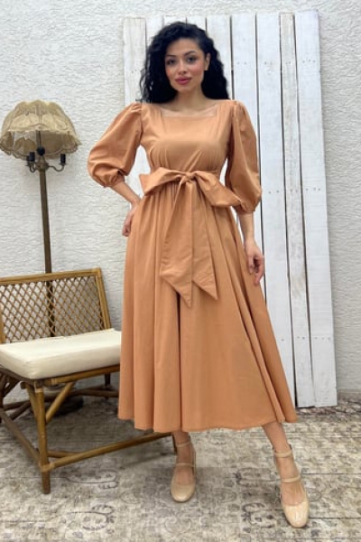 Taba Uzun Fiyonklu Kloş Poplin Elbise  TB13172