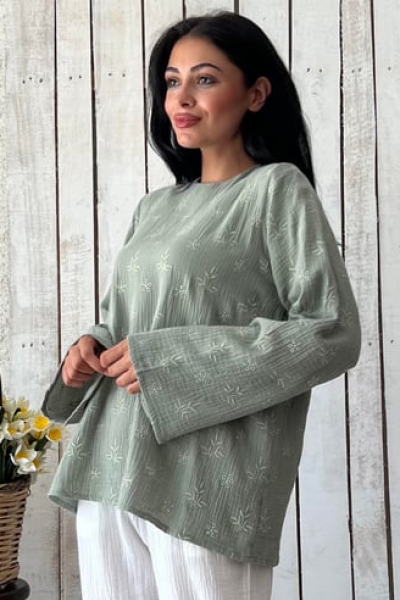 Yeşil İşlemeli Salaş Müslin Bluz  TB13203